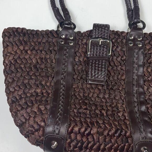 OVERSIZED WOVEN SHOULDER PURSE VINTAGE 100% STRAW BROWN WOMAN BAG - Picture 3 of 15